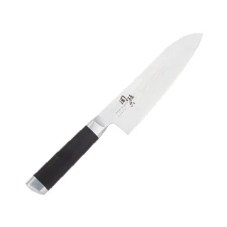 関孫六 ダマスカス 三徳包丁の全体像(ダマスカス模様の刃と黒い柄)