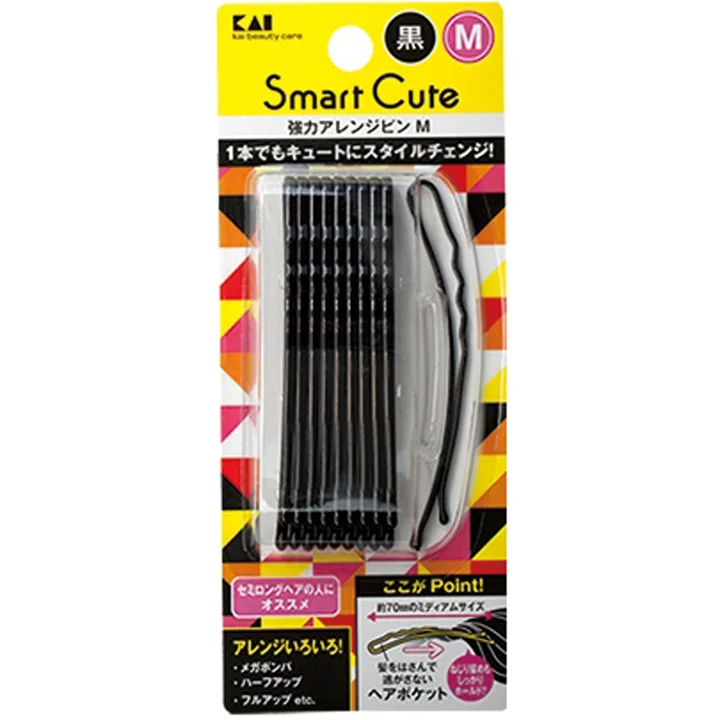 貝印 Smart Cute 強力アレンジピンM 黒のパッケージ 波形のヘアピン10本とヘアポケット形状の説明