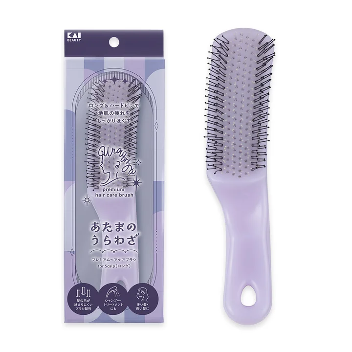 貝印 あたまのうらわざ プレミアムヘアケアブラシ for Scalp ロングのパッケージと紫色の本体