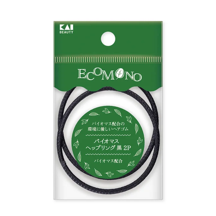 貝印 ECOMONO バイオマスへップリング 黒 2P のパッケージ 緑色のECOMONOデザインと黒いリングゴム2本