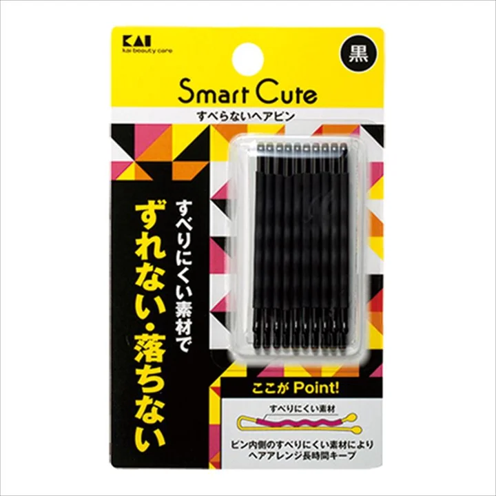 貝印 Smart Cute すべらないヘアピン黒のパッケージ ピン内側のすべり止め素材の説明図付き