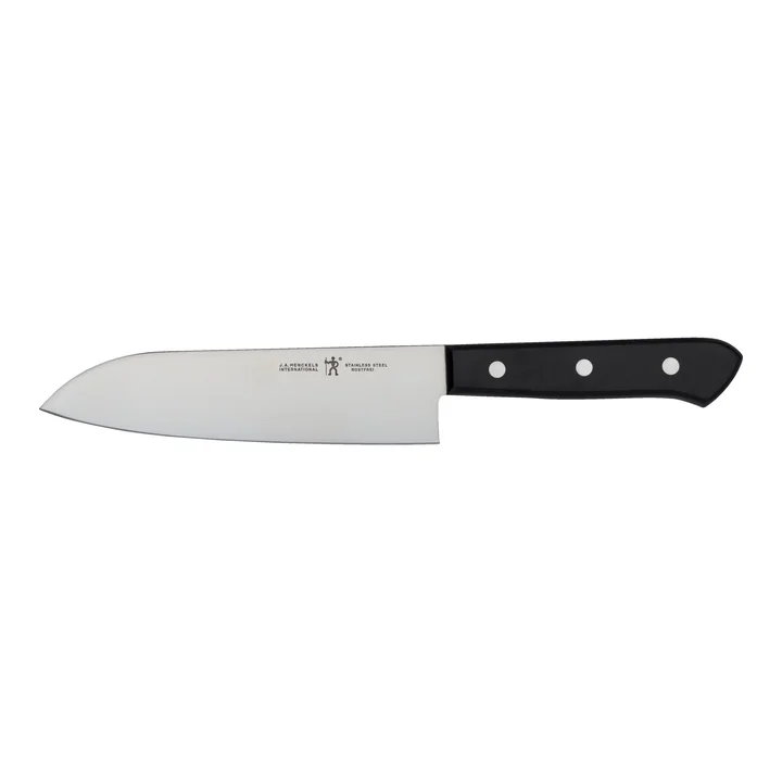 ヘンケルス ROSTFREI 三徳包丁 16cm。黒い樹脂ハンドルに白い鋲が3つ並び、刃に J.A. HENCKELS INTERNATIONAL の刻印が入っている