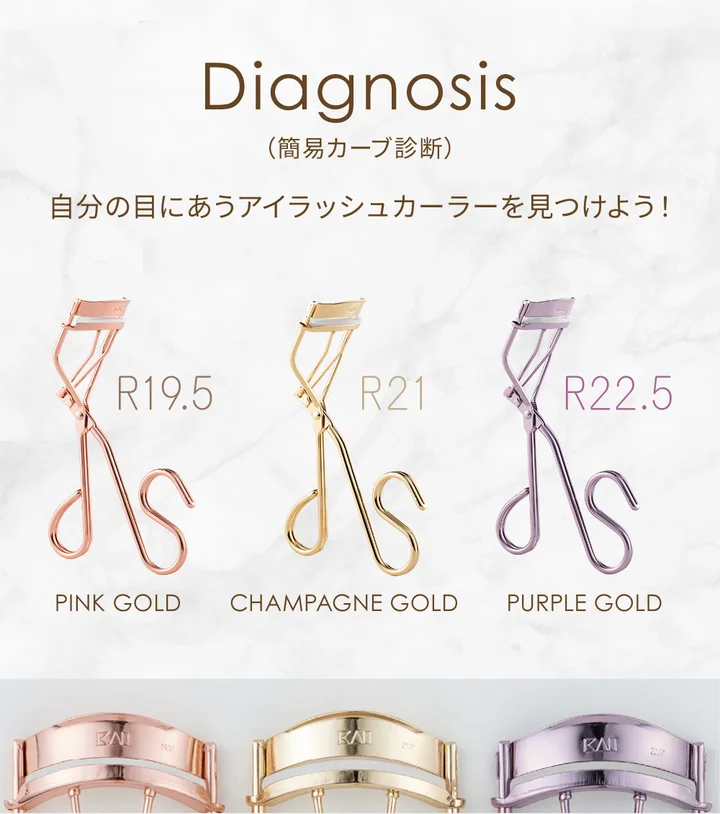 Ring Eyelash Curlerの簡易カーブ診断図。R19.5ピンクゴールド・R21シャンパンゴールド・R22.5パープルゴールドの3種類が並んでいる