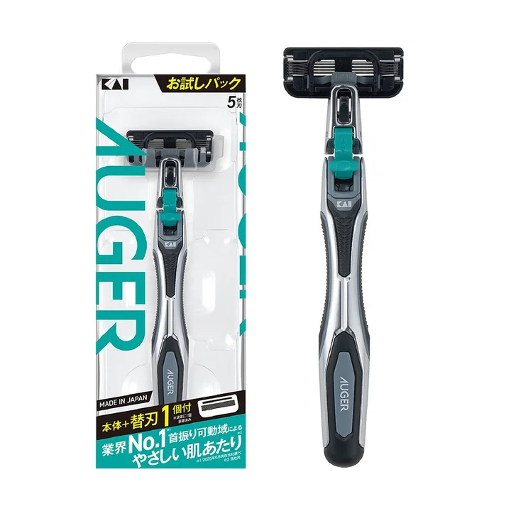 AUGER ホルダー替刃1個付のパッケージと銀色のホルダー本体