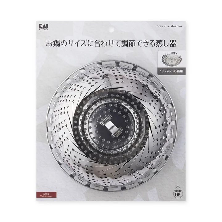 ステンレス 大型フリーサイズ蒸し器のパッケージ。18〜28cmの鍋用・日本製・食洗機OKと書かれている