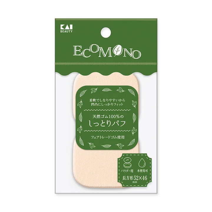 貝印 ECOMONO 天然ゴム100％のしっとりパフのパッケージ 緑色のECOMONOロゴが入った台紙