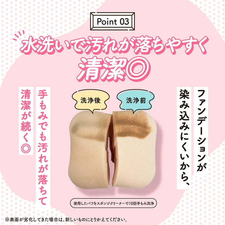 貝印 ファンデーションが染みこみにくいパフをスポンジクリーナーで10回手もみ洗浄した洗浄後（左）と洗浄前（右）の比較写真