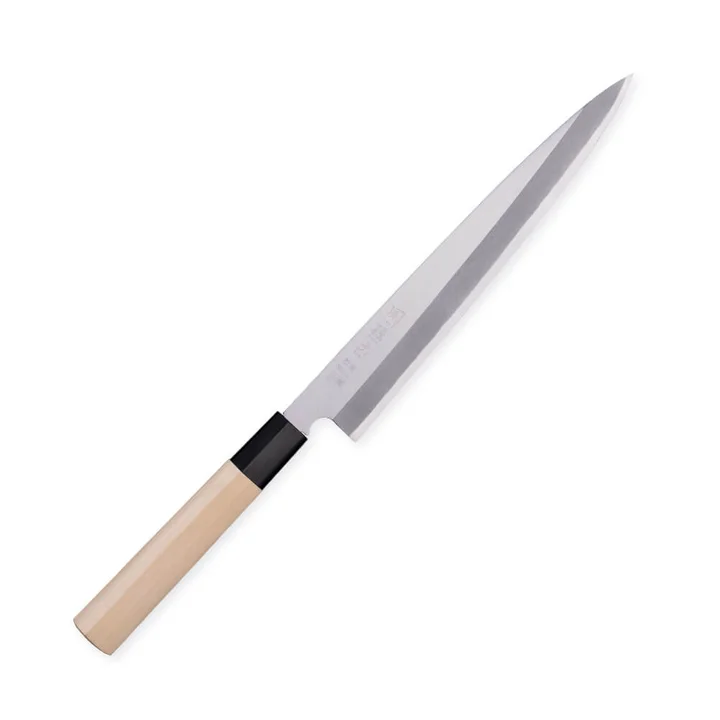 関孫六 松寿本鋼 刺身 210mm の全体。白木の柄と黒い口金、片刃の鋼の刃