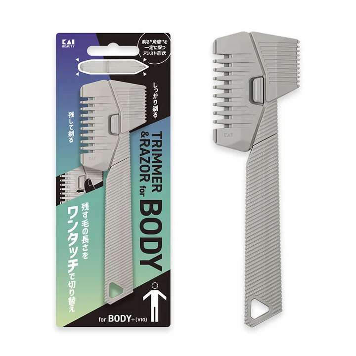 貝印 ボディヘアトリマー＆レザー グレーのコーム付きボディ用トリマー本体とパッケージ