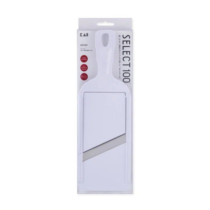 SELECT100 スライサー（厚み調整機能付き）のパッケージ。KAIロゴとSELECT100 slicerの表示