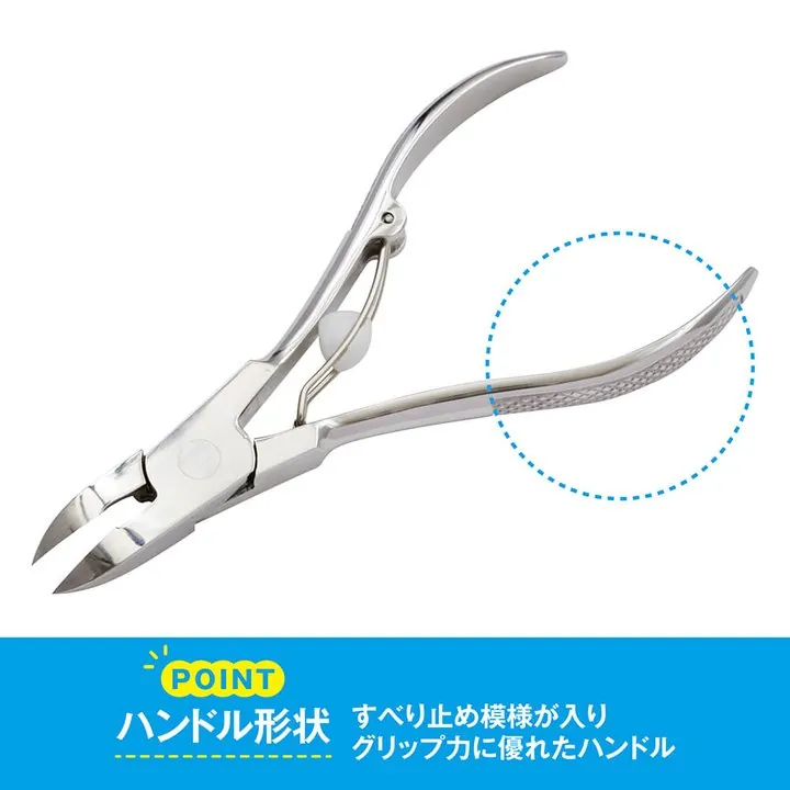 巻き爪用凸刃ニッパーツメキリのハンドル。すべり止め模様が入っている部分を丸で示している
