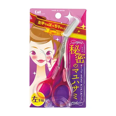 貝印 クシ付きマユハサミ(左手用)ピンク のパッケージ 左手でもばっちりカットと書かれている