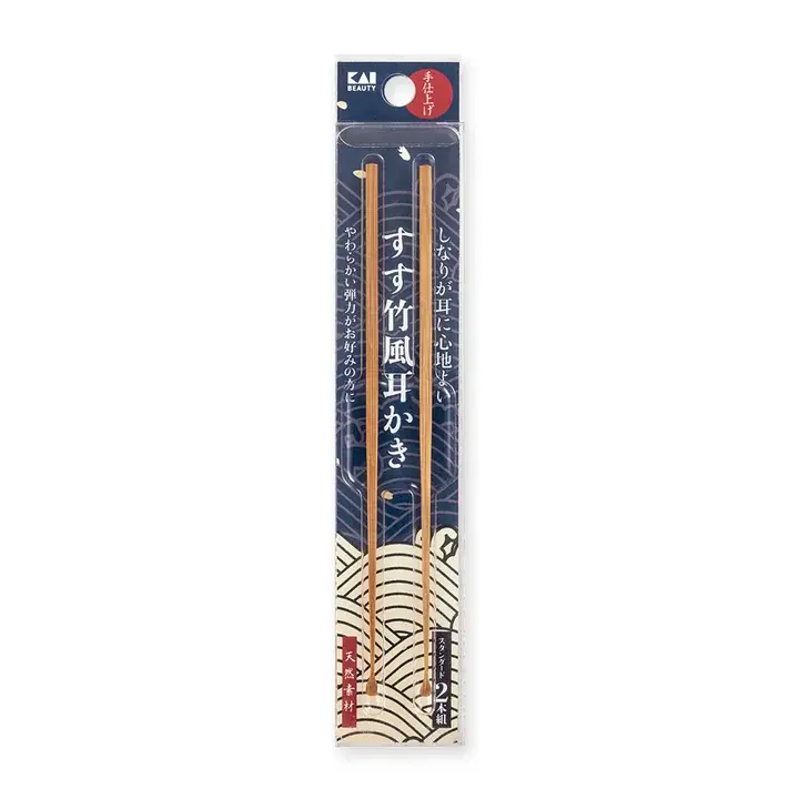すす竹風耳かき スタンダード2本組の紺色のパッケージ　「しなりが耳に心地よい」「手仕上げ」と書かれている