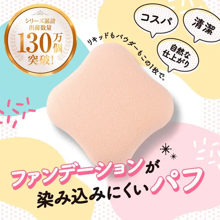 貝印 ファンデーションが染みこみにくいパフのシリーズ累計出荷130万個突破を伝える図