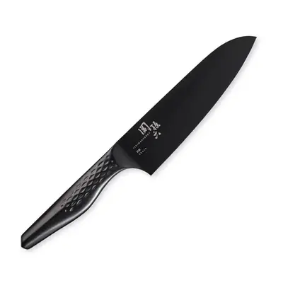 関孫六 匠創 - 漆黒 三徳 165mm の全体。白背景で刃も柄も黒いチタンコーティング