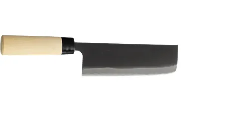 関孫六 銀寿本鋼 和包丁 菜切 165mm 西型。白木の柄に黒い口金、表面が黒い仕上げの刃